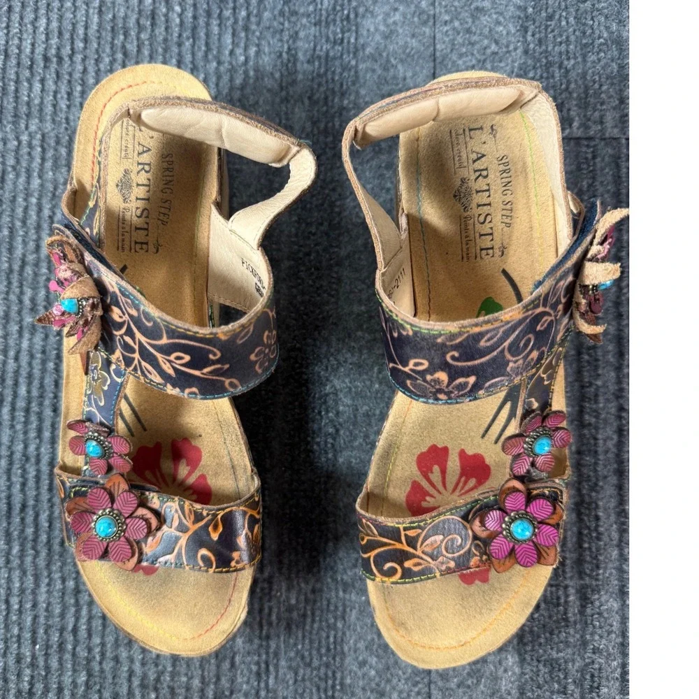 L'Artiste Spring Step Pickford Floral Leather Wedge Sandals Navy Multi Size 40